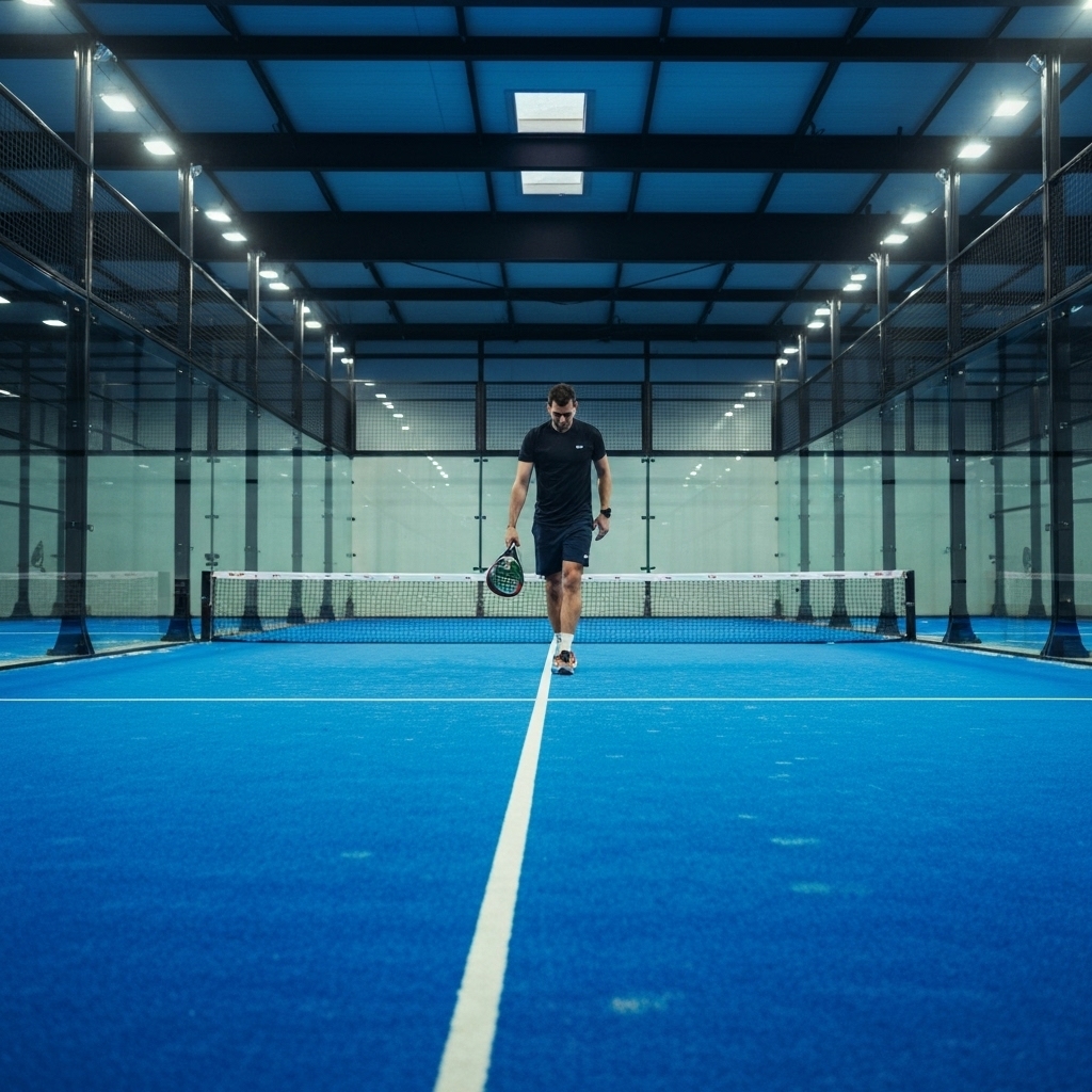 Padelspeler alleen op een verlichte indoor padelbaan