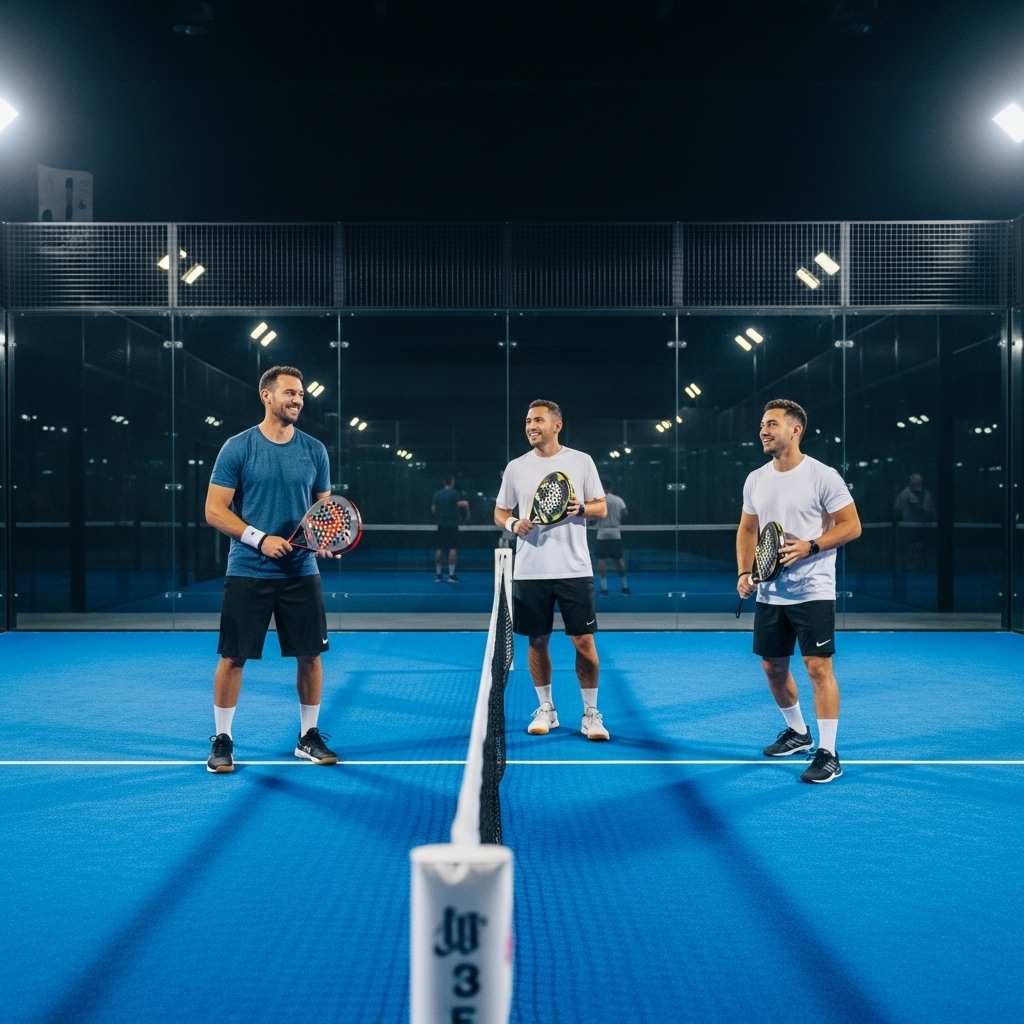 Drie padelspelers overleggen aan het net op een indoor padelbaan