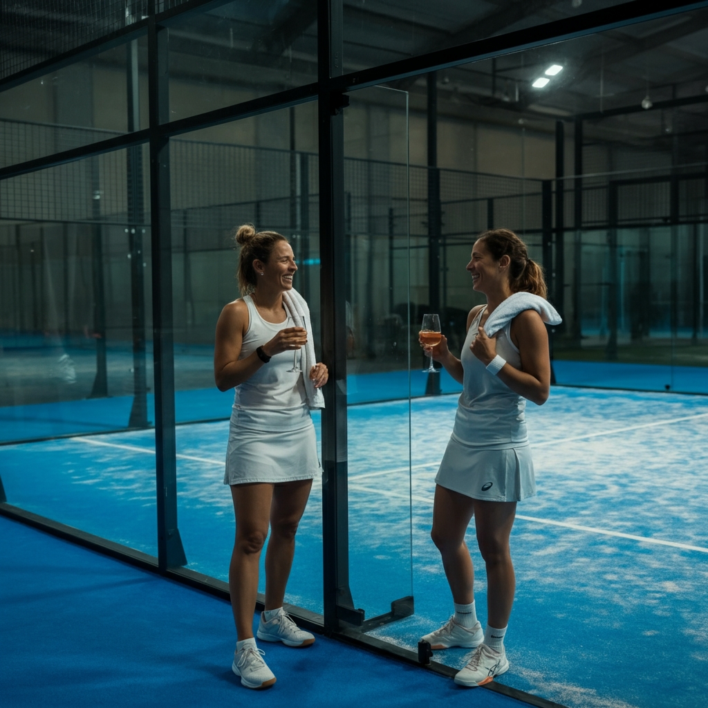 Twee padelspeelsters nemen een pauze naast de baan