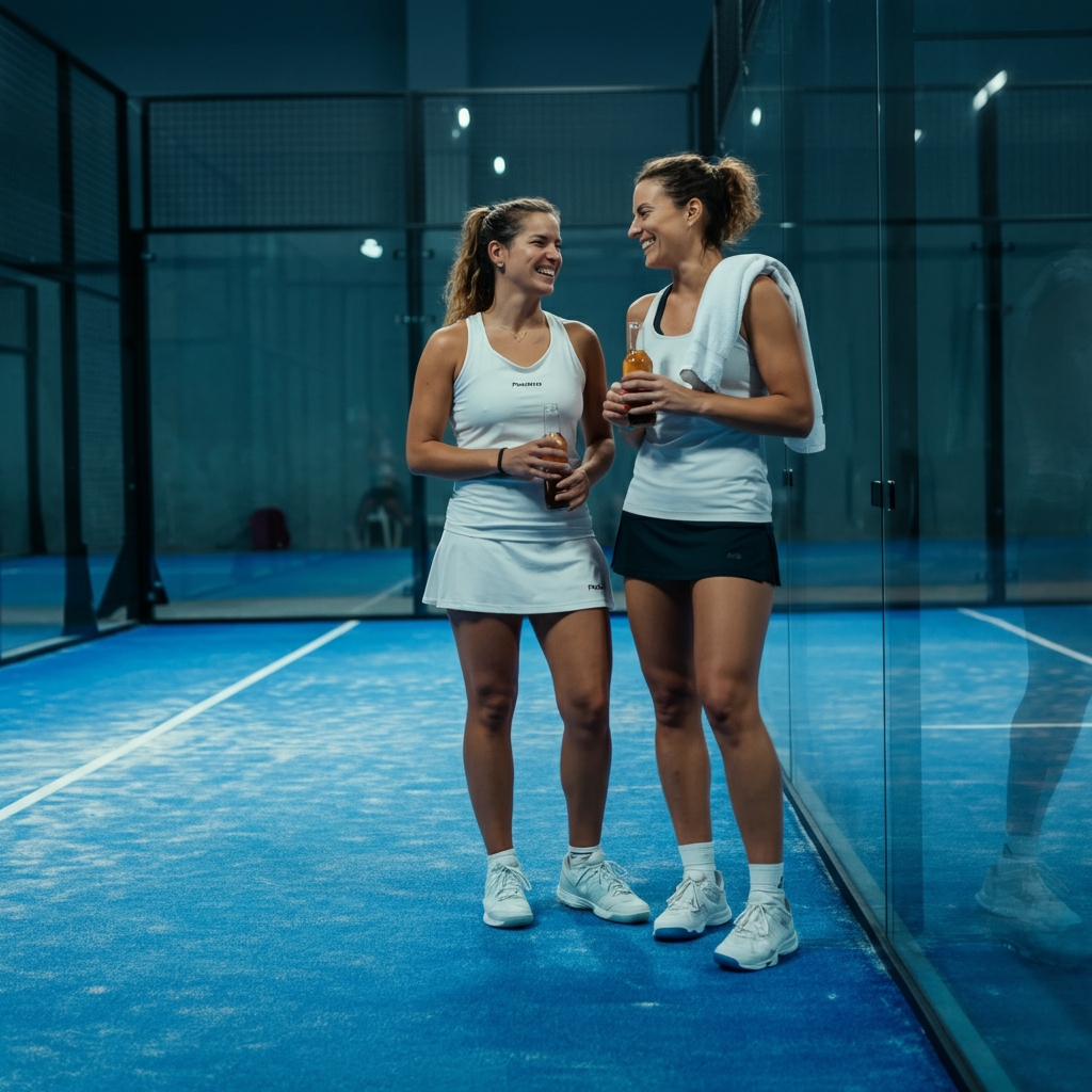 Twee padelspeelsters praten na bij het glas van de padelbaan