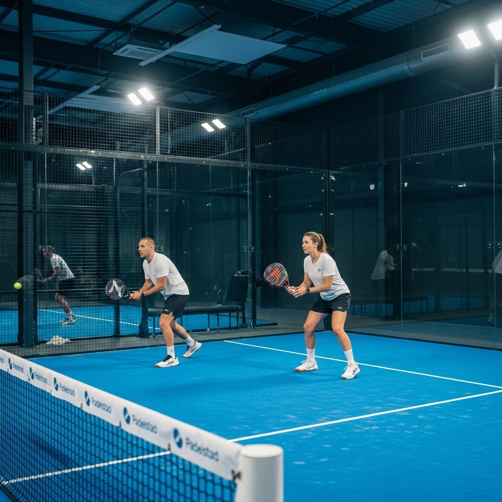 Twee padelspelers in actie op een indoor padelbaan